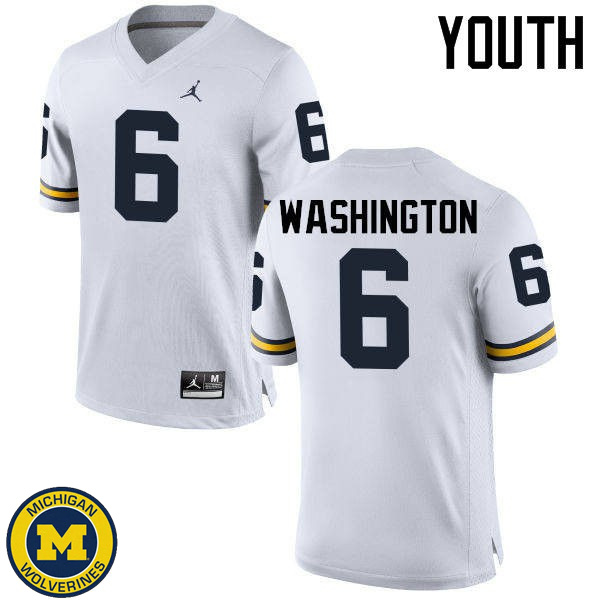 Youth University of Michigan #6 Keith Washington White Replica Stitch Jersey